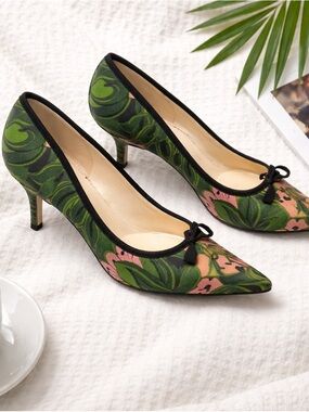 PRADA Canvas Green pink Leaf Bow Pointed Toe slip on Pumps high heels Size 37